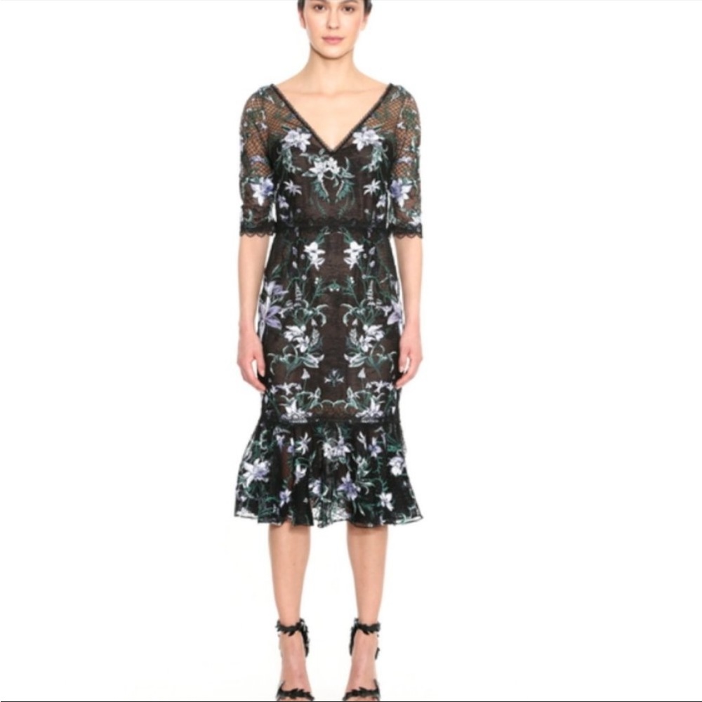 Marchesa Notte Black Floral Lace Embroidered Midi Dress 8 - Picture 1 of 13